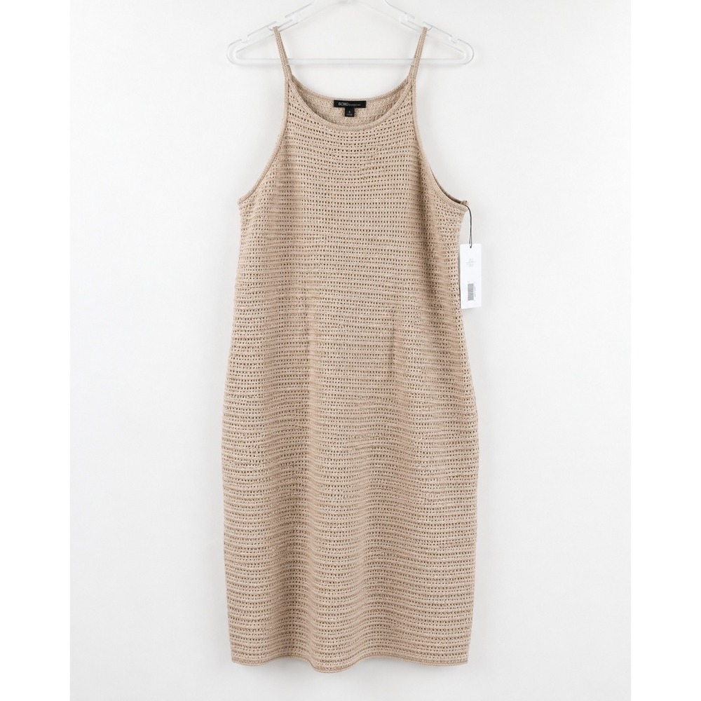 Bold Elements Women Tan Beige Crochet Knit Sleeveless Midi Dress Large NWT